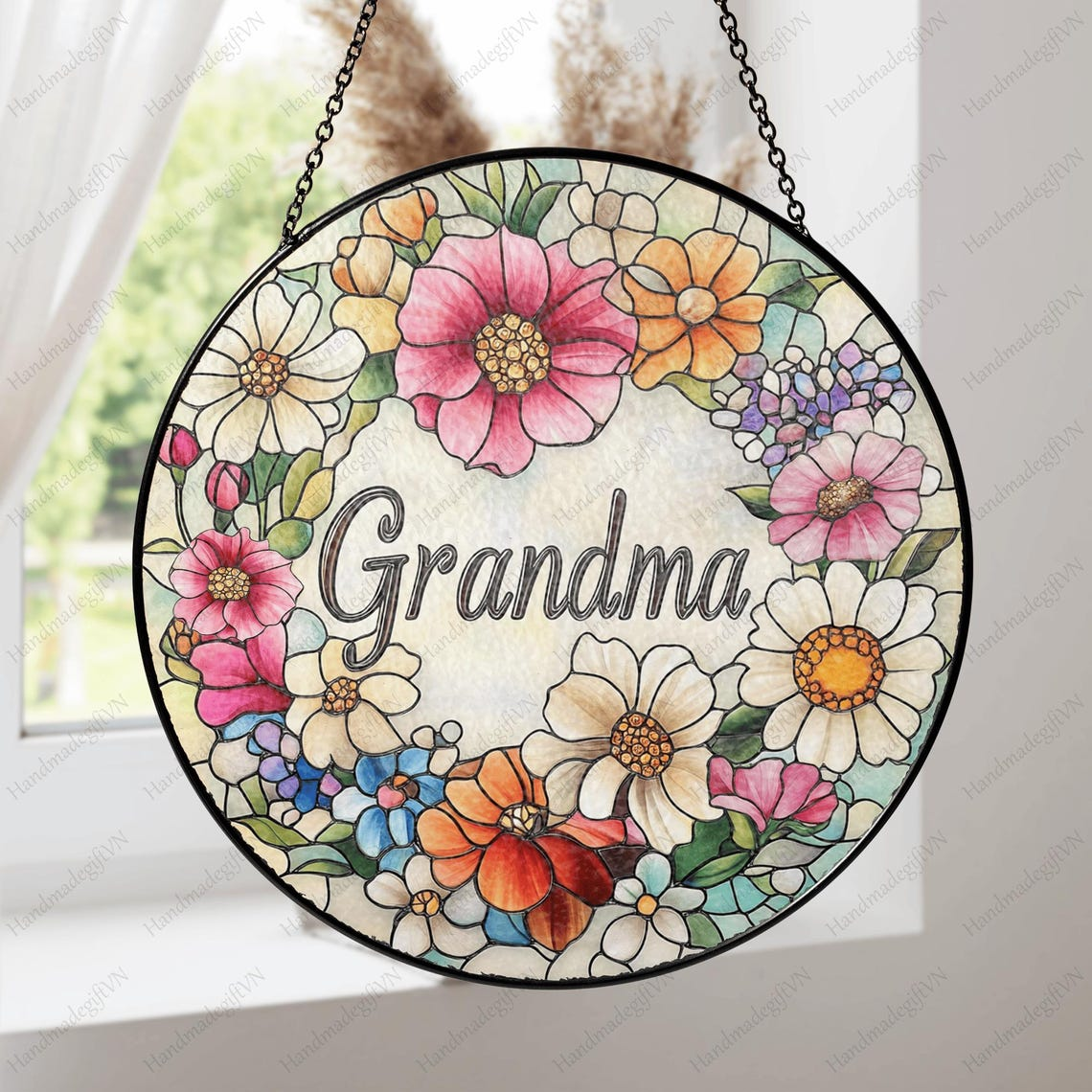 Personalized Grandma Glass Suncatcher, Christmas Gift for Grandma Nana Mimi Gigi Floral Sun Catcher Window Hanging Decor, Mama Gift From Kid