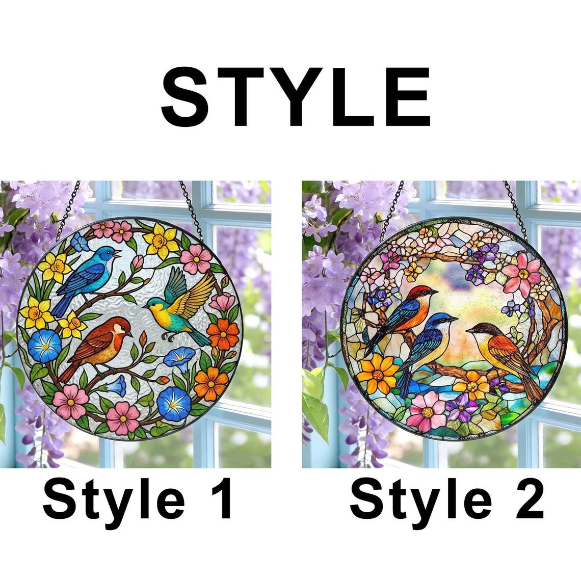 Floral Bird Stained Glass Suncatcher: Spring Birds Window Hanging, Mother’s Day Gift