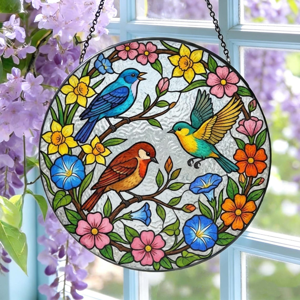 Floral Bird Stained Glass Suncatcher: Spring Birds Window Hanging, Mother’s Day Gift