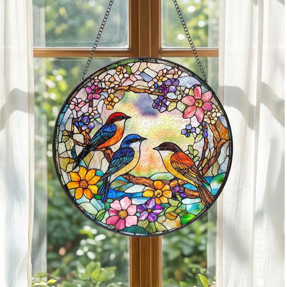 Floral Bird Stained Glass Suncatcher: Spring Birds Window Hanging, Mother’s Day Gift