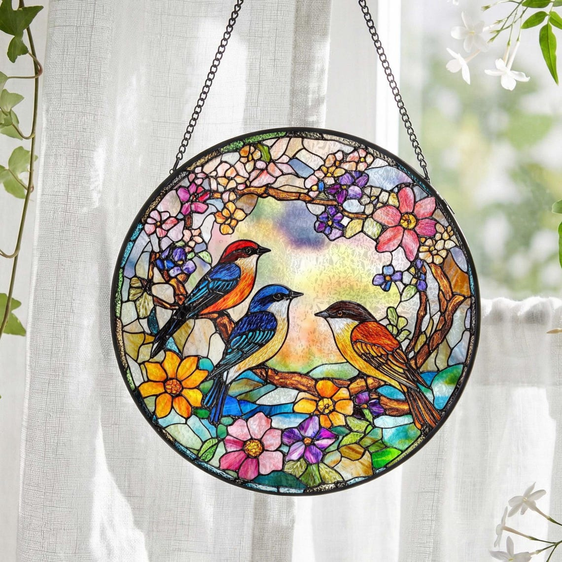 Floral Bird Stained Glass Suncatcher: Spring Birds Window Hanging, Mother’s Day Gift