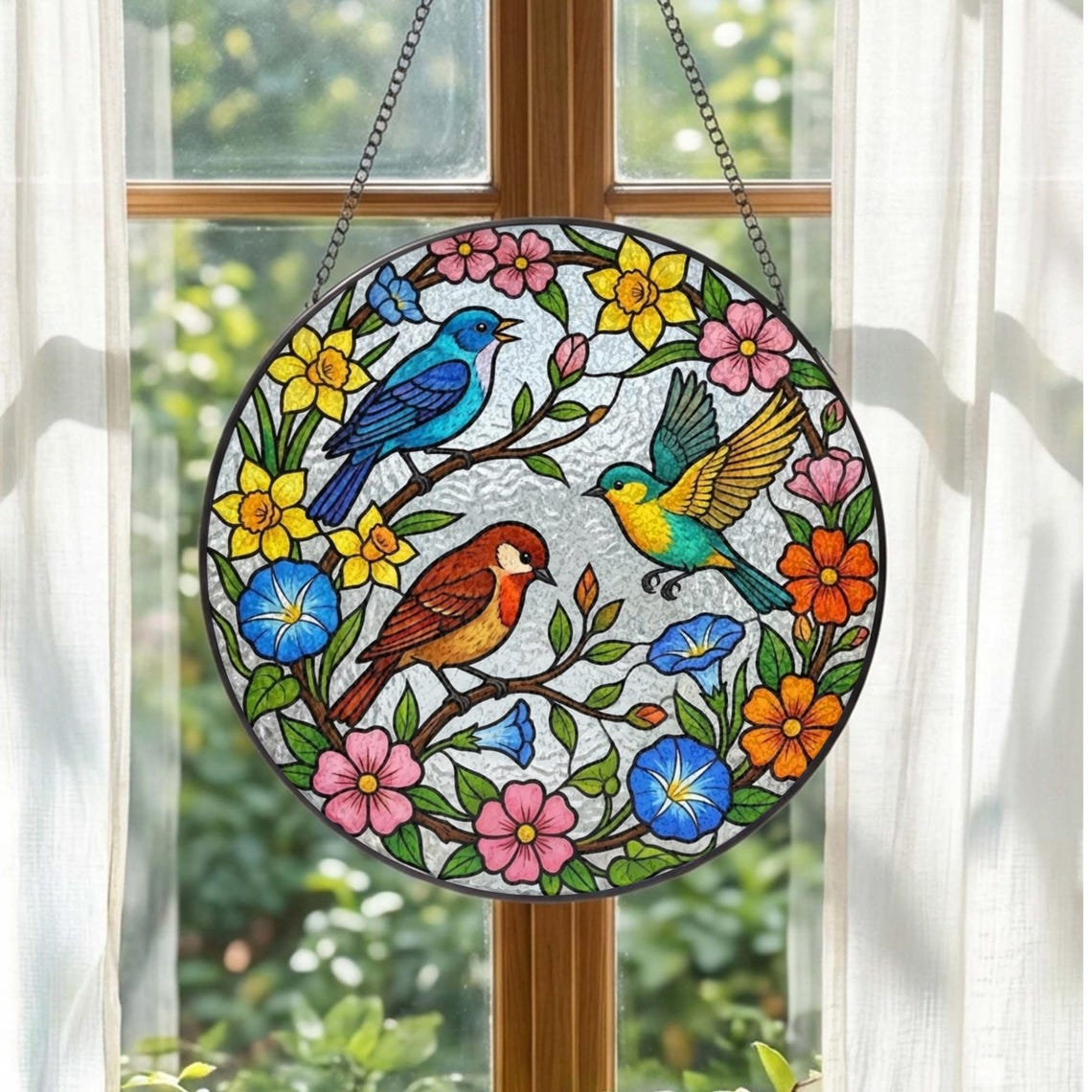 Floral Bird Stained Glass Suncatcher: Spring Birds Window Hanging, Mother’s Day Gift