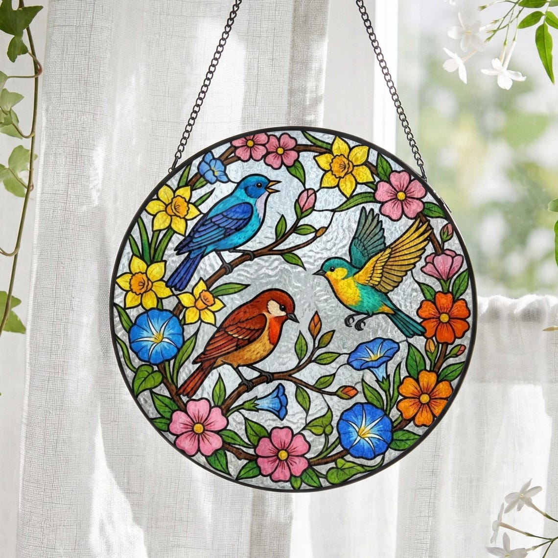 Floral Bird Stained Glass Suncatcher: Spring Birds Window Hanging, Mother’s Day Gift