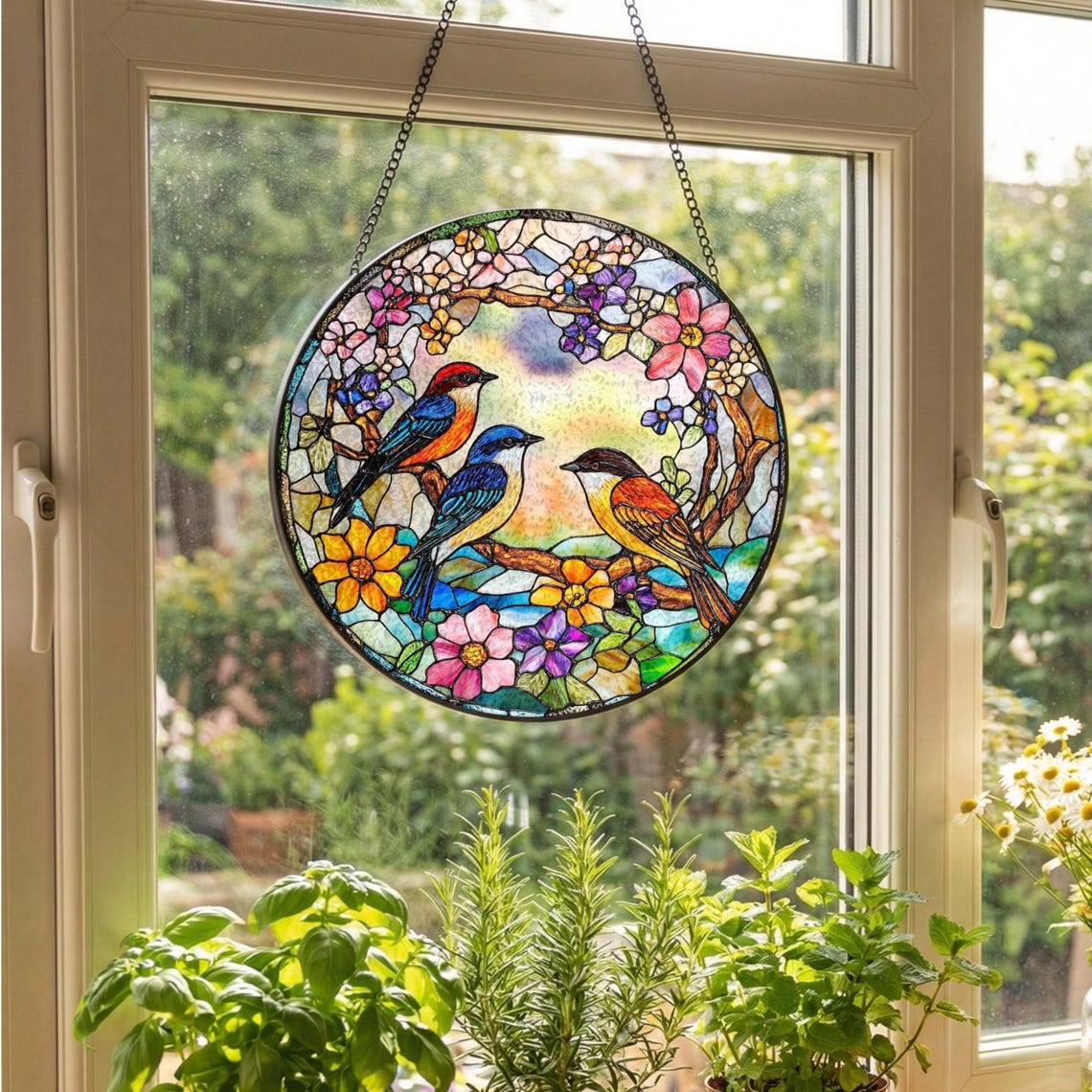 Floral Bird Stained Glass Suncatcher: Spring Birds Window Hanging, Mother’s Day Gift