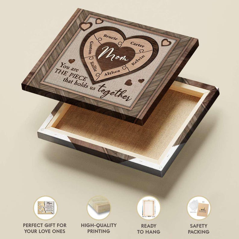 The Piece That Holds Us Together - Custom Names Heart Puzzle Personalized Canvas Gifts For Mother | Mom Gift | Mothers Day Gift | Wall Decor