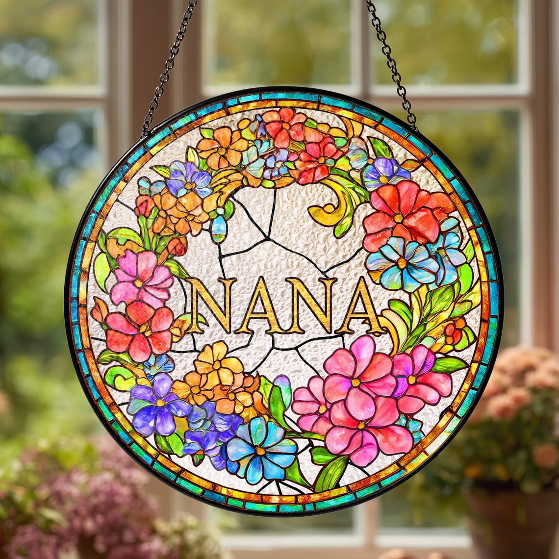 Personalized Grandma Flower Faux Stained Glass Suncatcher, Custom Floral Window Decor, Gift for Mom Grandma Mothers Day