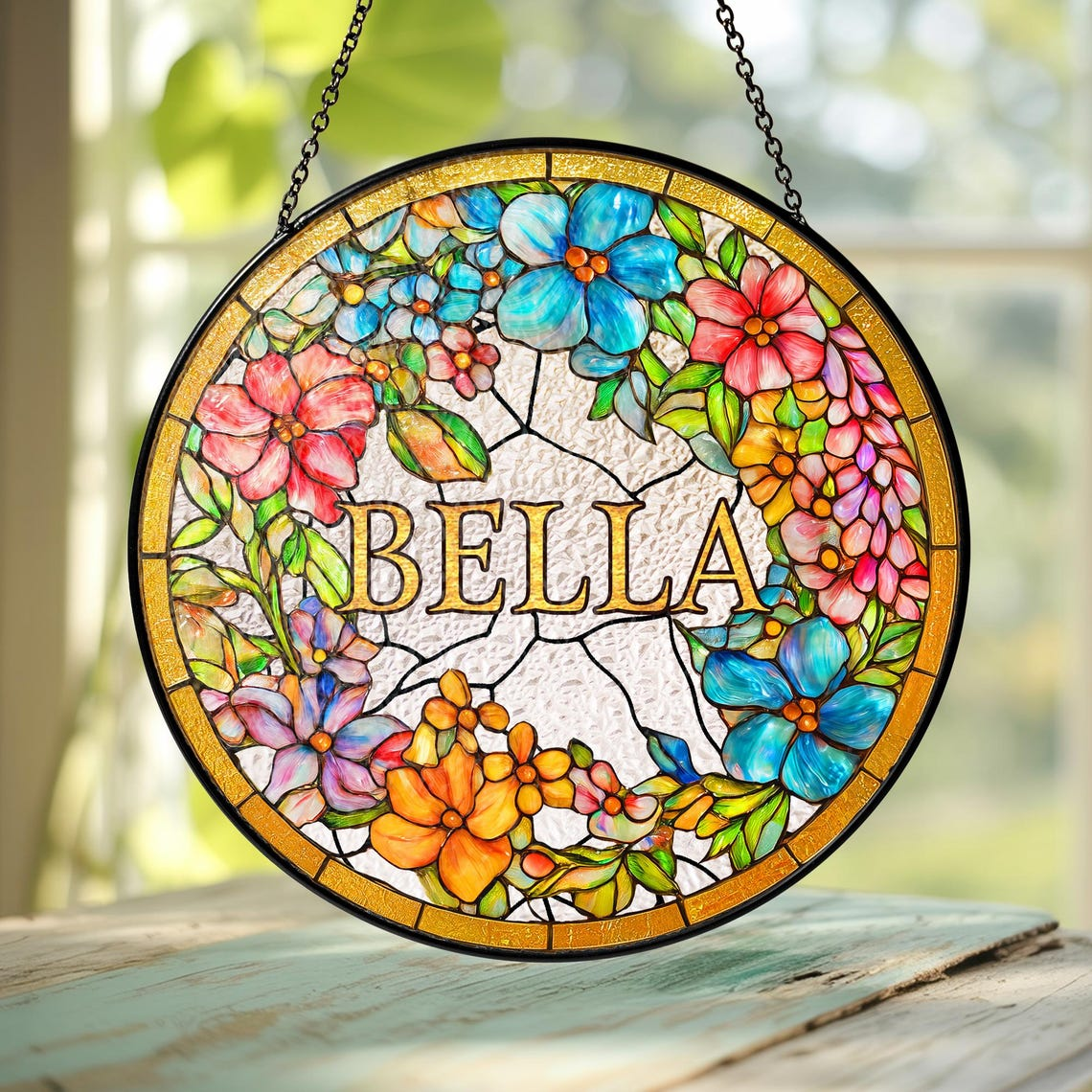Personalized Grandma Flower Faux Stained Glass Suncatcher, Custom Floral Window Decor, Gift for Mom Grandma Mothers Day