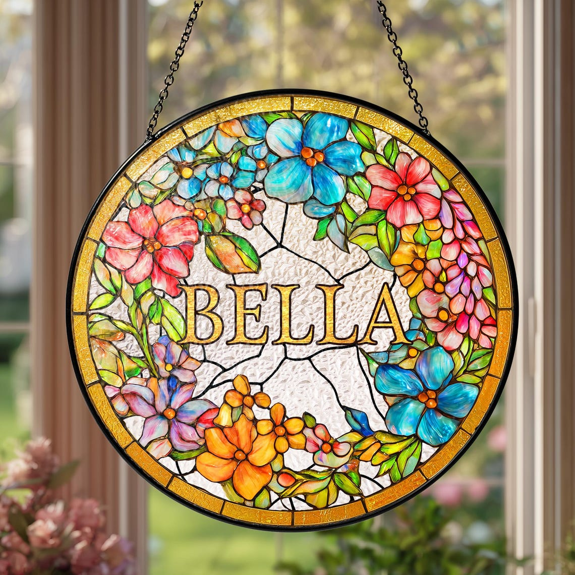 Personalized Grandma Flower Faux Stained Glass Suncatcher, Custom Floral Window Decor, Gift for Mom Grandma Mothers Day