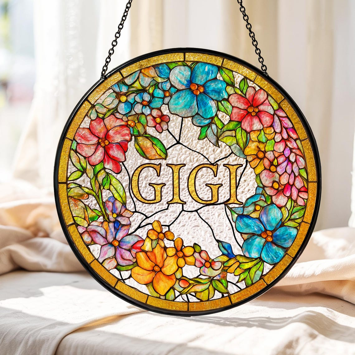 Personalized Grandma Flower Faux Stained Glass Suncatcher, Custom Floral Window Decor, Gift for Mom Grandma Mothers Day