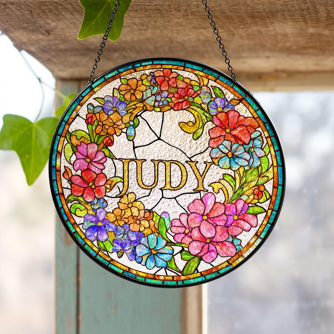 Personalized Grandma Flower Faux Stained Glass Suncatcher, Custom Floral Window Decor, Gift for Mom Grandma Mothers Day