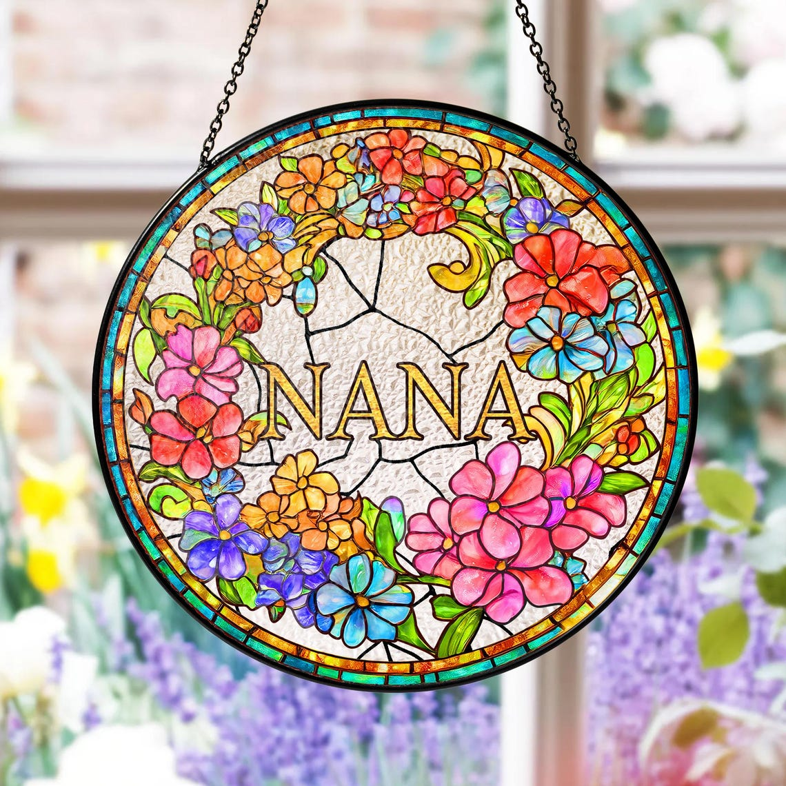 Personalized Grandma Flower Faux Stained Glass Suncatcher, Custom Floral Window Decor, Gift for Mom Grandma Mothers Day