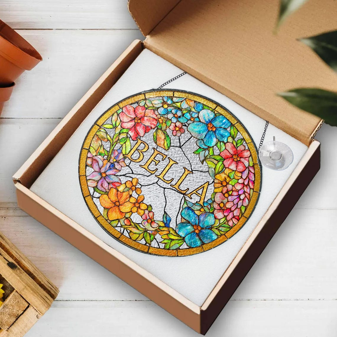 Personalized Grandma Flower Faux Stained Glass Suncatcher, Custom Floral Window Decor, Gift for Mom Grandma Mothers Day