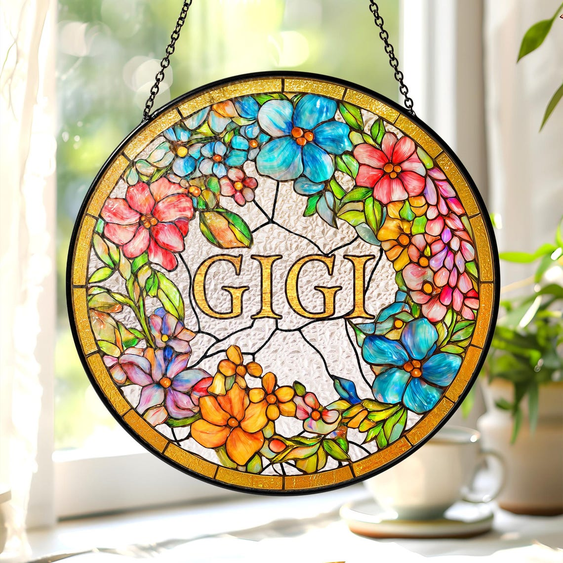 Personalized Grandma Flower Faux Stained Glass Suncatcher, Custom Floral Window Decor, Gift for Mom Grandma Mothers Day