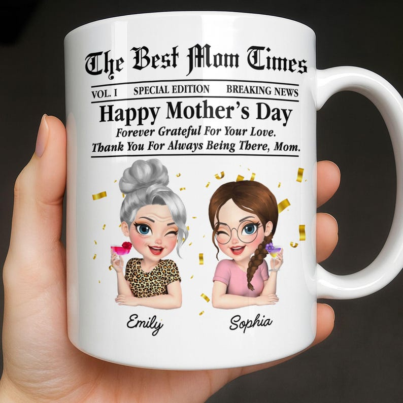 Custom “The Best Mom Times” Mug – Unique Newspaper Style Mother’s Day Gift for Mom  Personalized Mom Mug – Creative Newspaper Design, Perfect Mother’s Day Surprise