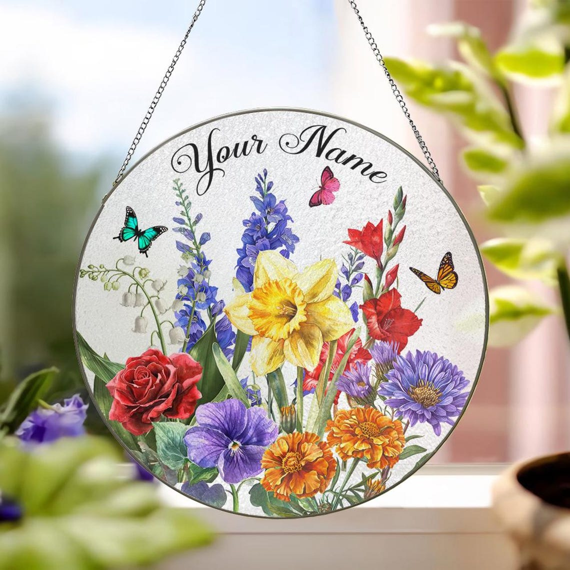 Birth Flowers Glass Suncatcher, Custom Mom's Garden Gift, Flower Glass Art,Birth Flower Gift For Nana,Mother's Day Gift For Mom