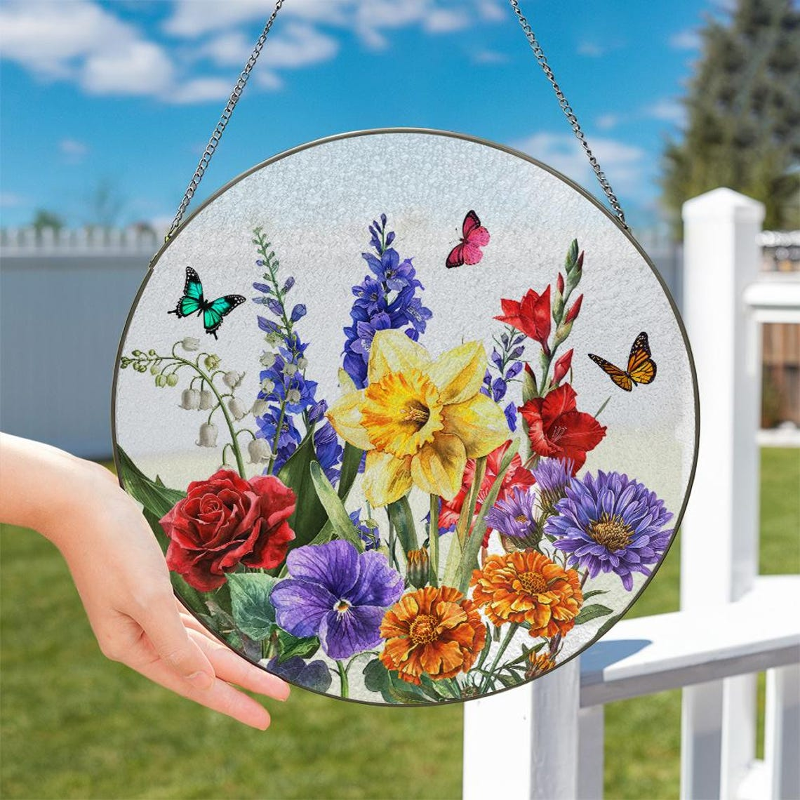 Birth Flowers Glass Suncatcher, Custom Mom's Garden Gift, Flower Glass Art,Birth Flower Gift For Nana,Mother's Day Gift For Mom 