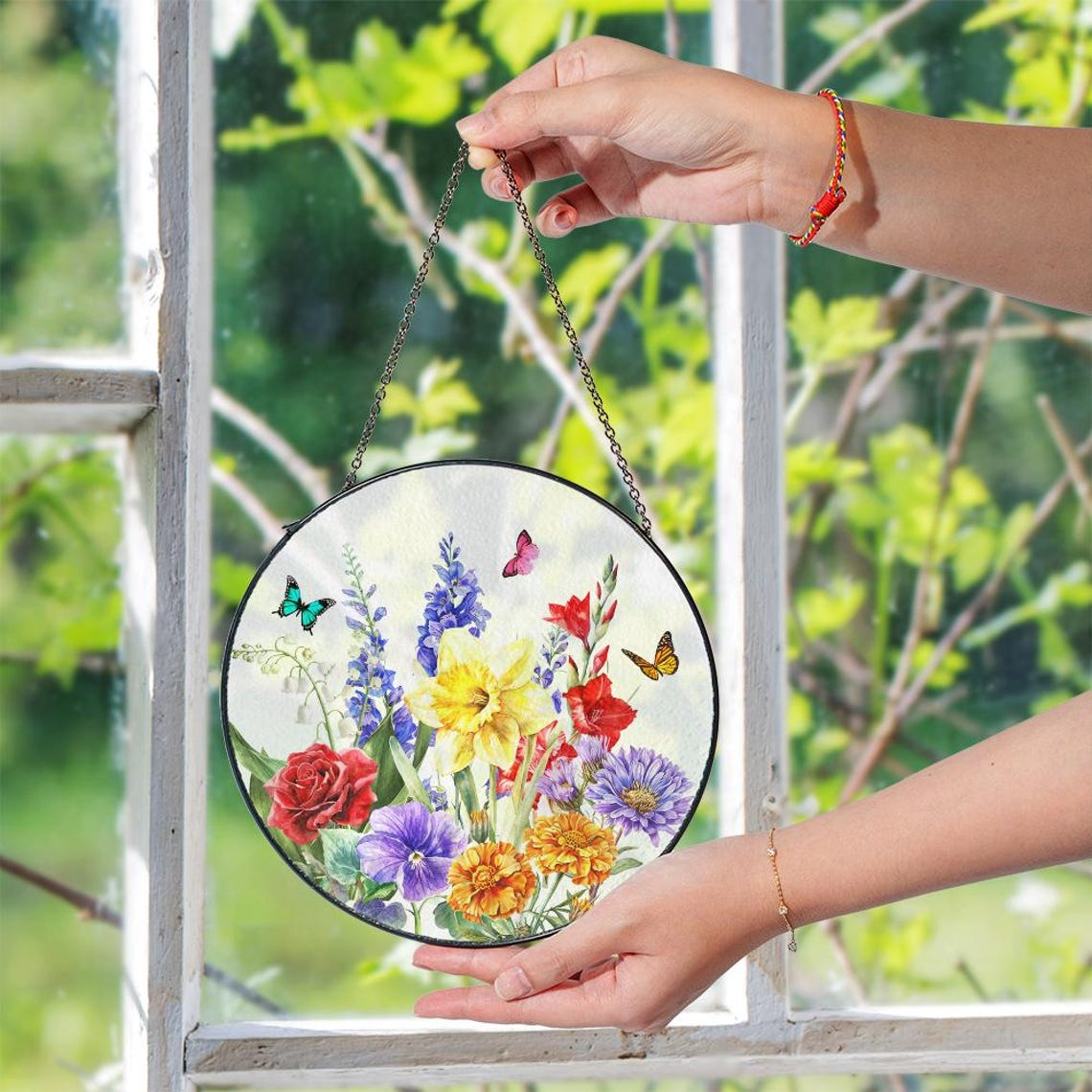 Birth Flowers Glass Suncatcher, Custom Mom's Garden Gift, Flower Glass Art,Birth Flower Gift For Nana,Mother's Day Gift For Mom 