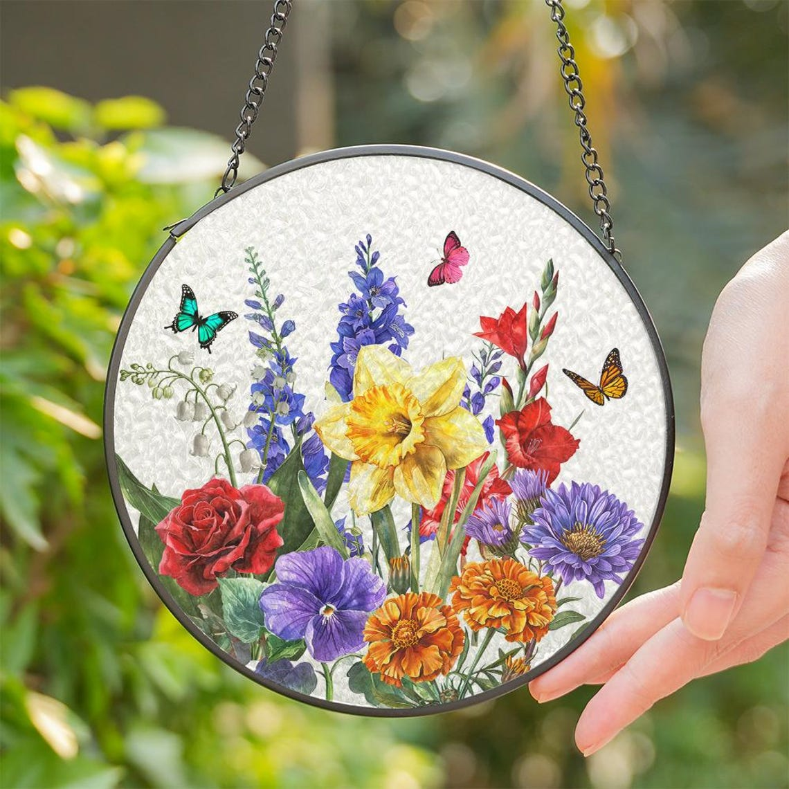 Birth Flowers Glass Suncatcher, Custom Mom's Garden Gift, Flower Glass Art,Birth Flower Gift For Nana,Mother's Day Gift For Mom 