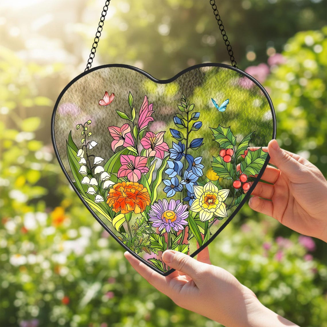 Custom Birth Month Flower Stained Glass Suncatcher,Personalized Grandma's Garden Window Decor,Family Birthmonth Flower Gift,Mothers Day Gift