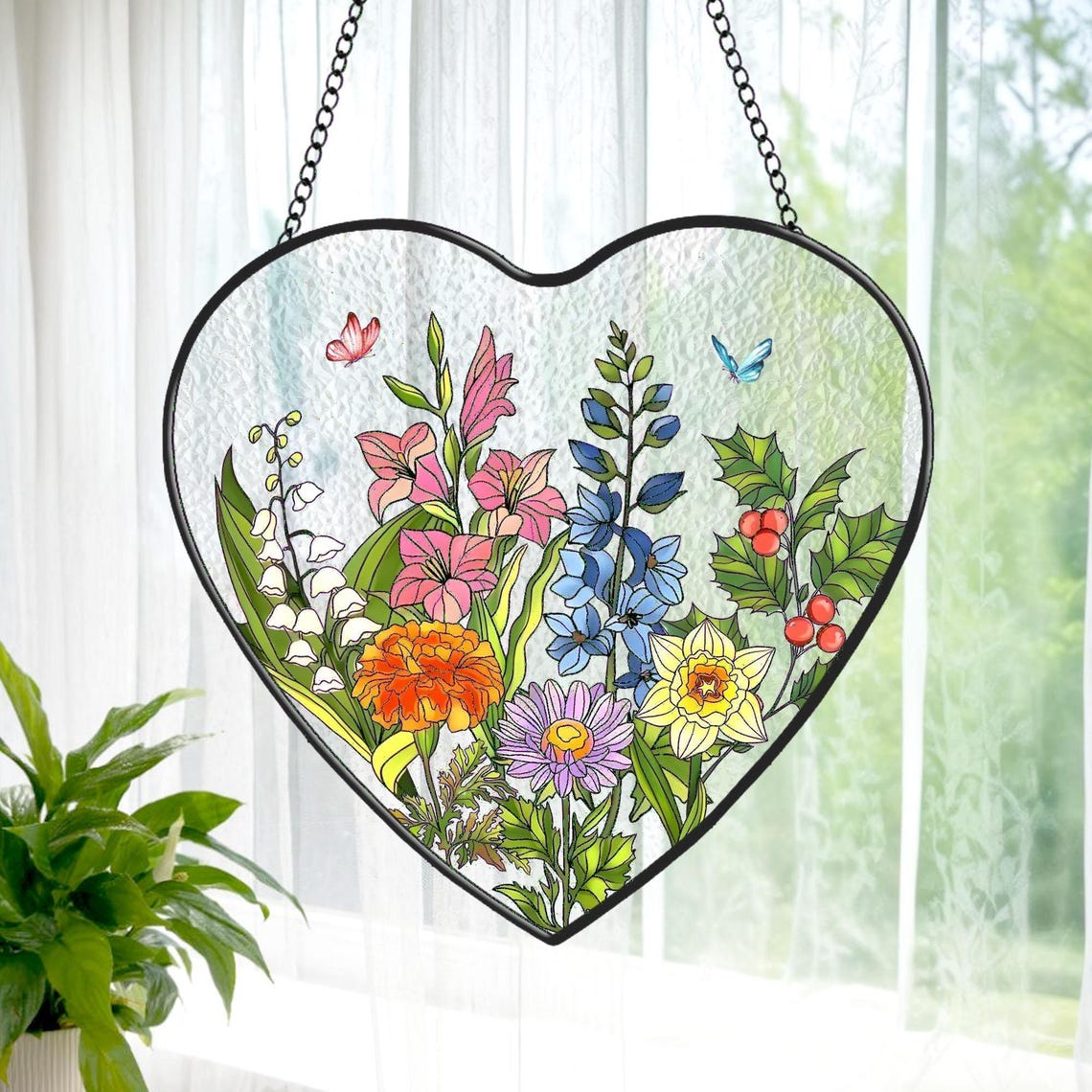 Custom Birth Month Flower Stained Glass Suncatcher,Personalized Grandma's Garden Window Decor,Family Birthmonth Flower Gift,Mothers Day Gift