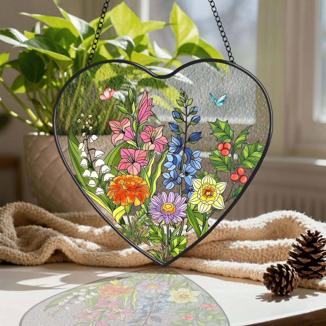 Custom Birth Month Flower Stained Glass Suncatcher,Personalized Grandma's Garden Window Decor,Family Birthmonth Flower Gift,Mothers Day Gift