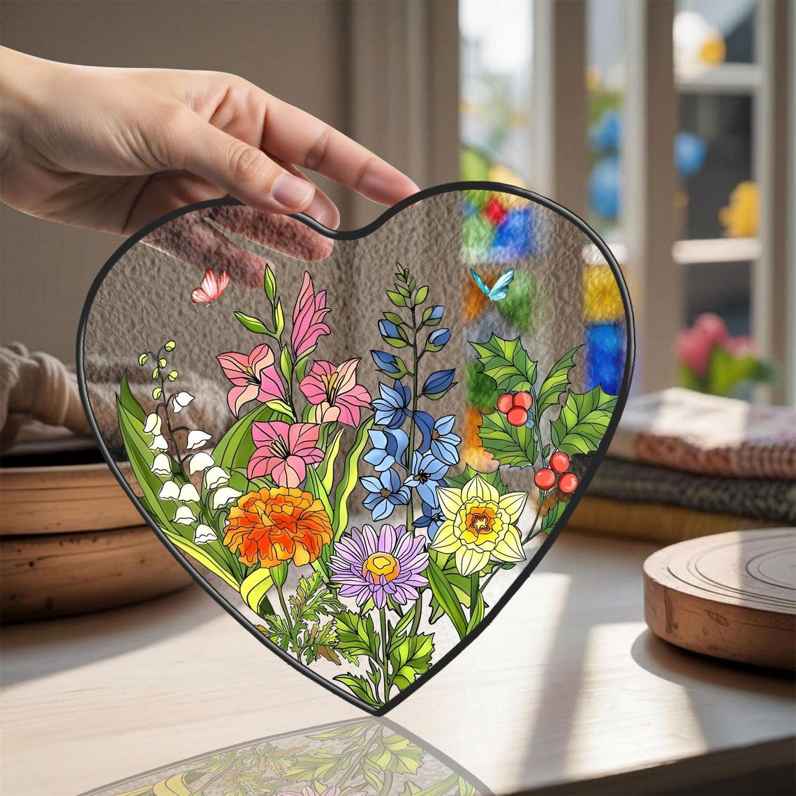 Custom Birth Month Flower Stained Glass Suncatcher,Personalized Grandma's Garden Window Decor,Family Birthmonth Flower Gift,Mothers Day Gift