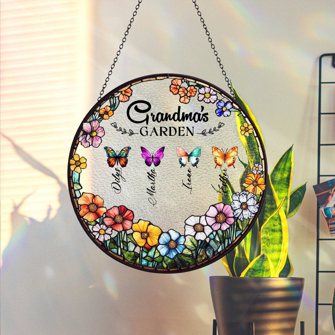 Grandma's Garden Butterfly Suncatcher, Custom Birth Month Butterfly Glass Art, Mother's Day Gift, Nana Birthday Gift, Nana’s Blessings