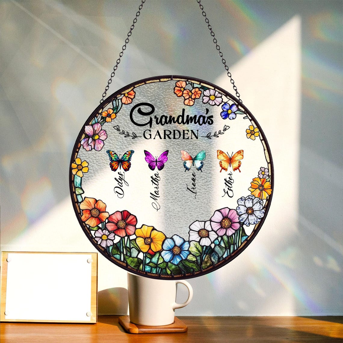 Grandma's Garden Butterfly Suncatcher, Custom Birth Month Butterfly Glass Art, Mother's Day Gift, Nana Birthday Gift, Nana’s Blessings