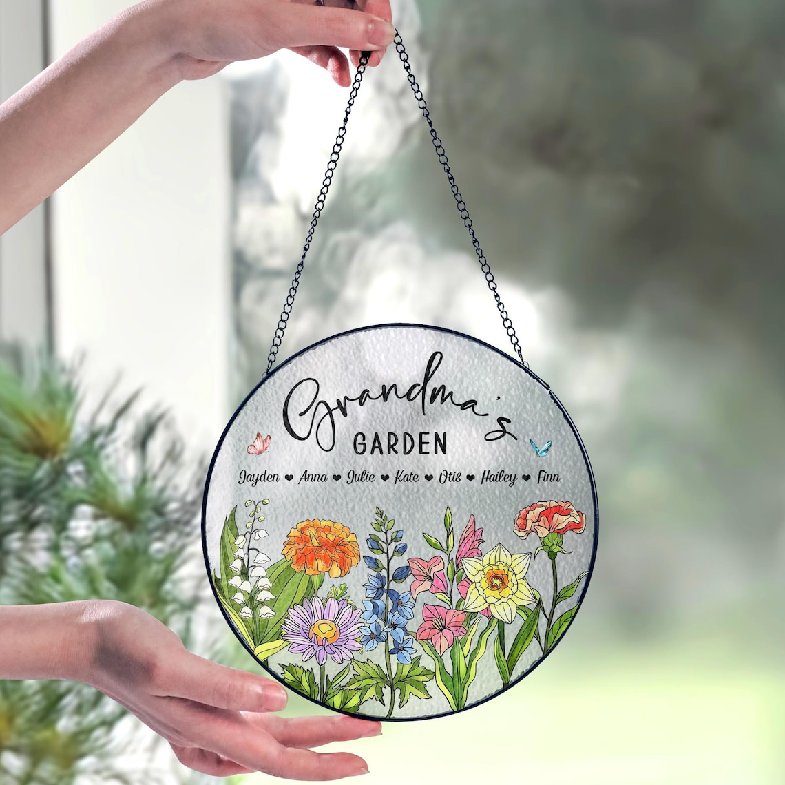 Personalized Birth Flowers Glass Art Suncatcher, Grandma's Garden Gift, Mother's Day Gift, Grandma Gift From Grandkids, Wall Window Decor