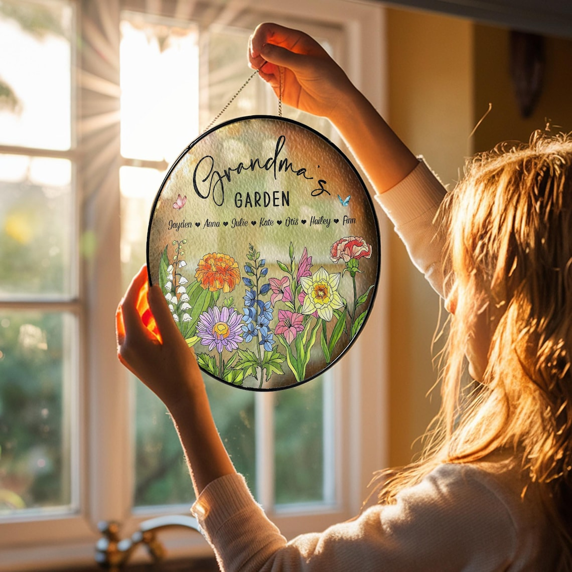 Personalized Birth Flowers Glass Art Suncatcher, Grandma's Garden Gift, Mother's Day Gift, Grandma Gift From Grandkids, Wall Window Decor