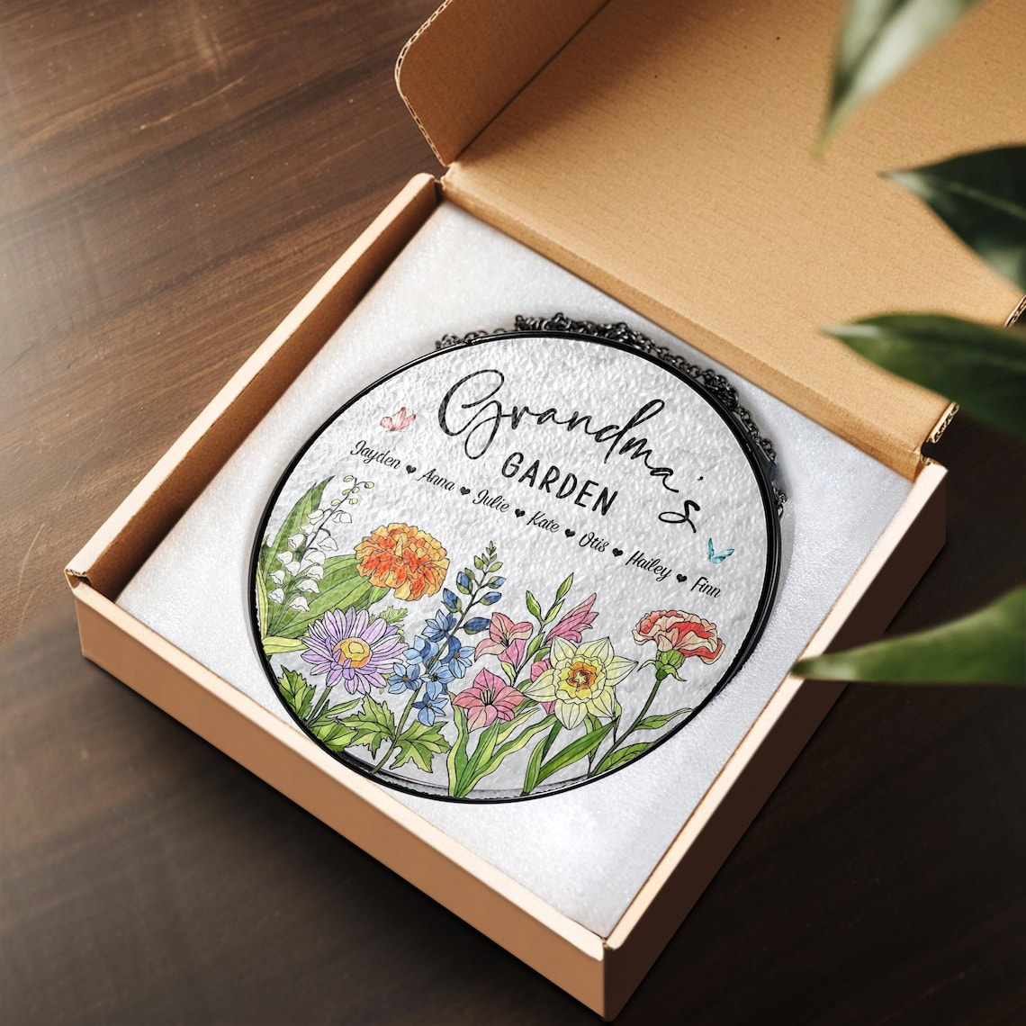 Personalized Birth Flowers Glass Art Suncatcher, Grandma's Garden Gift, Mother's Day Gift, Grandma Gift From Grandkids, Wall Window Decor