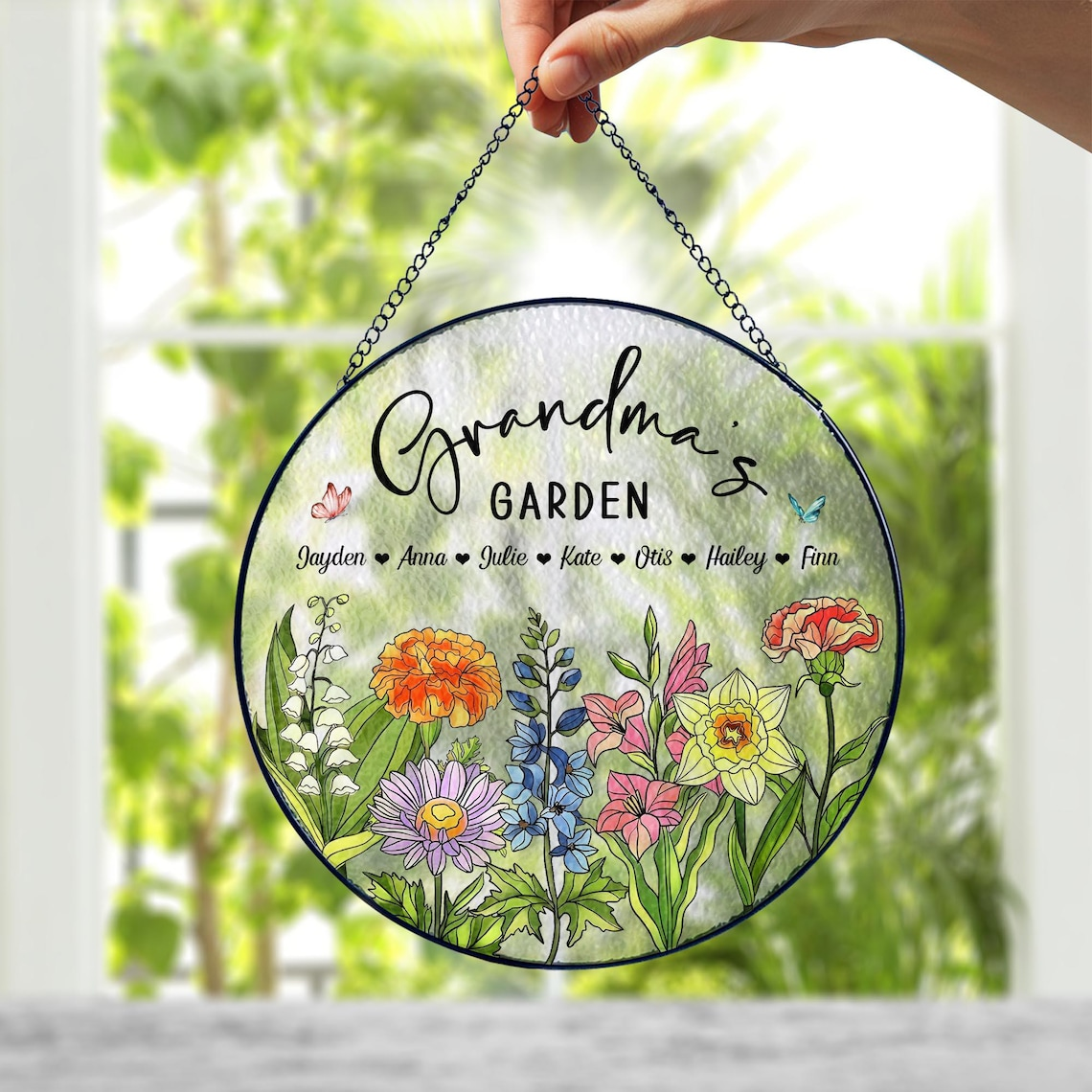 Personalized Birth Flowers Glass Art Suncatcher, Grandma's Garden Gift, Mother's Day Gift, Grandma Gift From Grandkids, Wall Window Decor