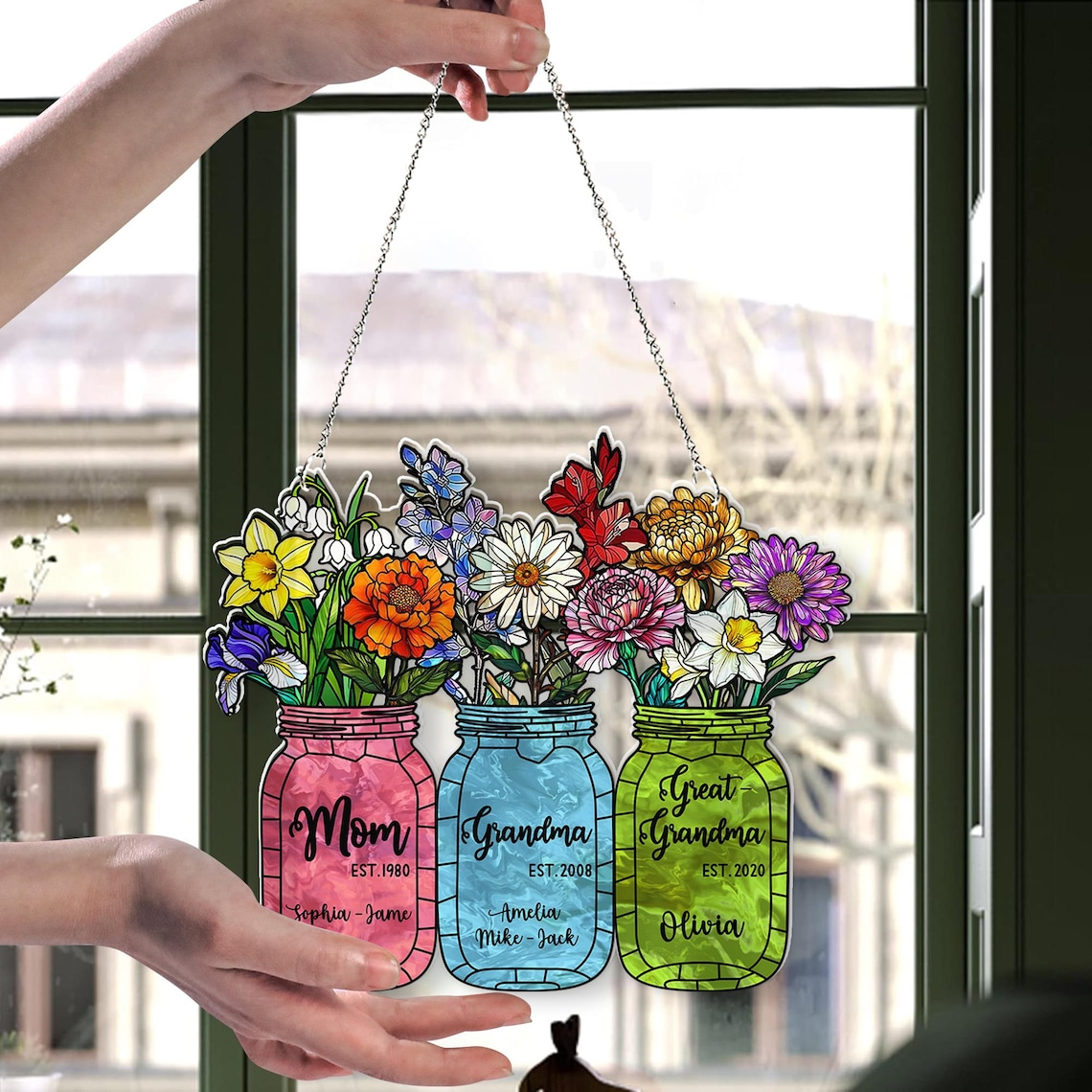 Personalized Birth Month Flower Acrylic Window Hanging, Personalized Grandma's Garden Suncatcher, Mother's Day Gift, Grandma Gift, Mom Gift