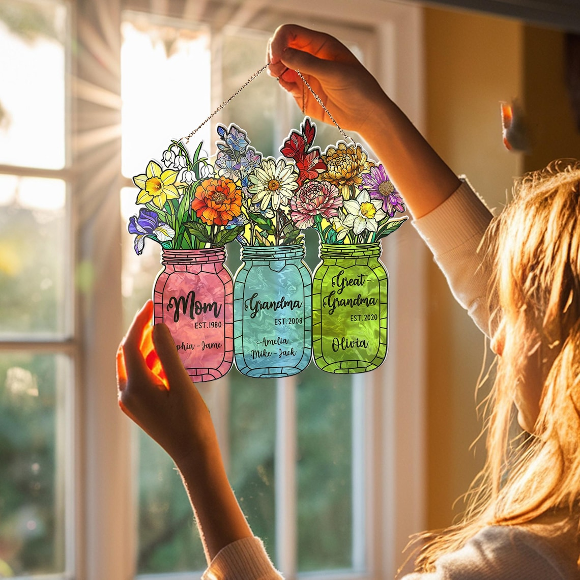 Personalized Birth Month Flower Acrylic Window Hanging, Personalized Grandma's Garden Suncatcher, Mother's Day Gift, Grandma Gift, Mom Gift