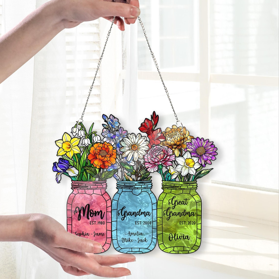 Personalized Birth Month Flower Acrylic Window Hanging, Personalized Grandma's Garden Suncatcher, Mother's Day Gift, Grandma Gift, Mom Gift