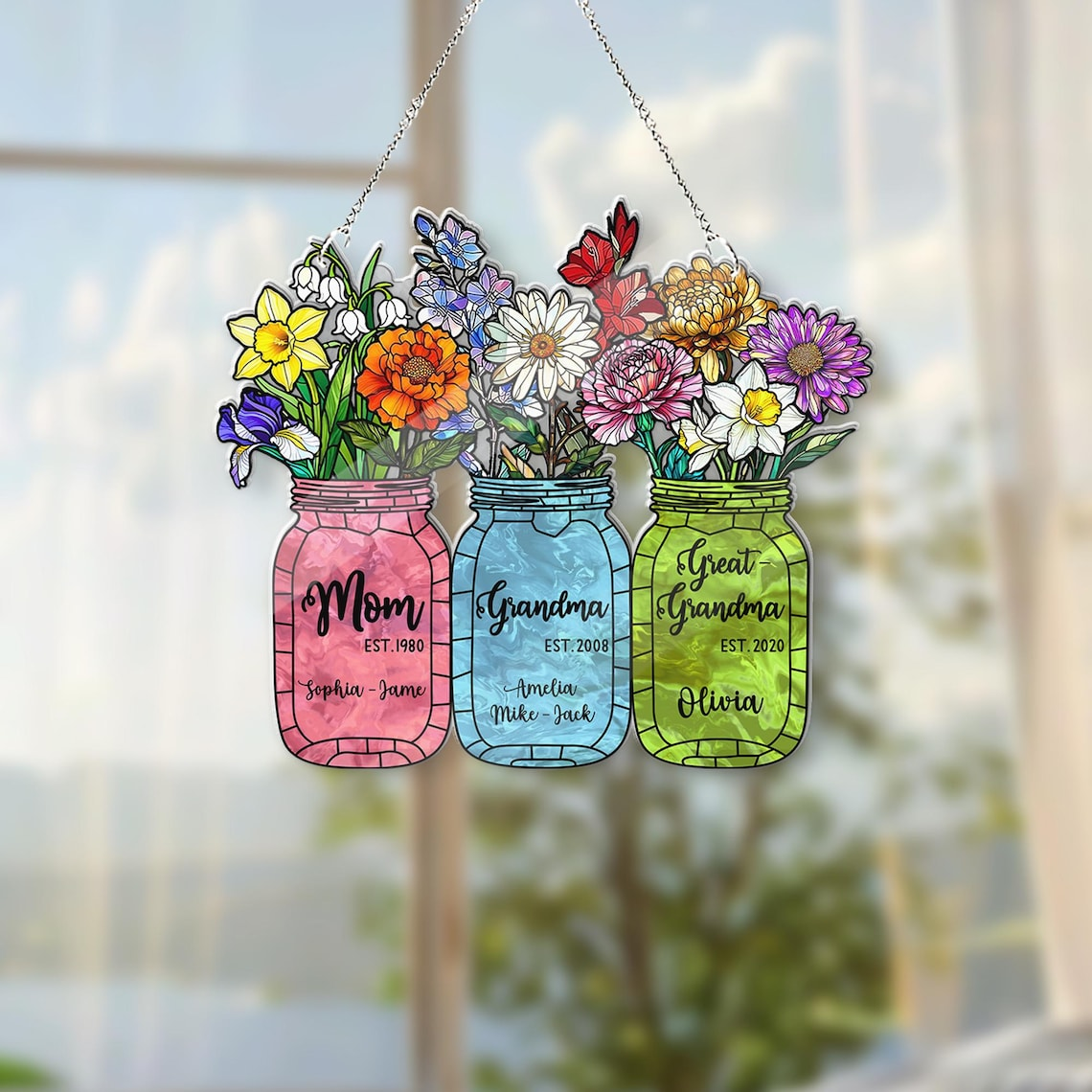 Personalized Birth Month Flower Acrylic Window Hanging, Personalized Grandma's Garden Suncatcher, Mother's Day Gift, Grandma Gift, Mom Gift