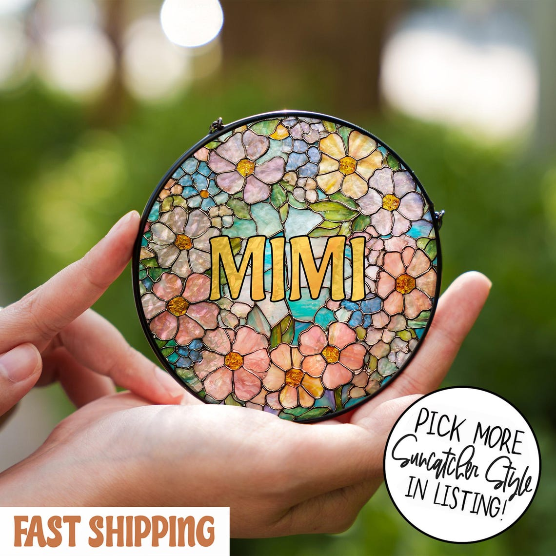 Personalized Floral Stained Glass Suncatcher for Grandma, Mimi Nana Flower Window Hanging, Grandmother Gift from Grandkids, Birthday Gift