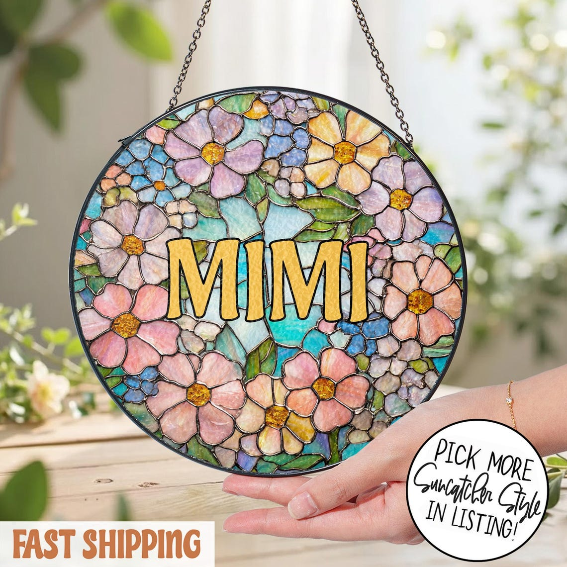 Personalized Floral Stained Glass Suncatcher for Grandma, Mimi Nana Flower Window Hanging, Grandmother Gift from Grandkids, Birthday Gift