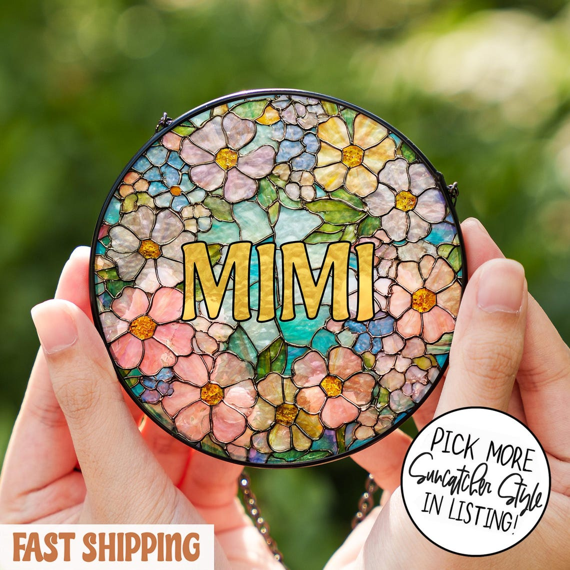 Personalized Floral Stained Glass Suncatcher for Grandma, Mimi Nana Flower Window Hanging, Grandmother Gift from Grandkids, Birthday Gift