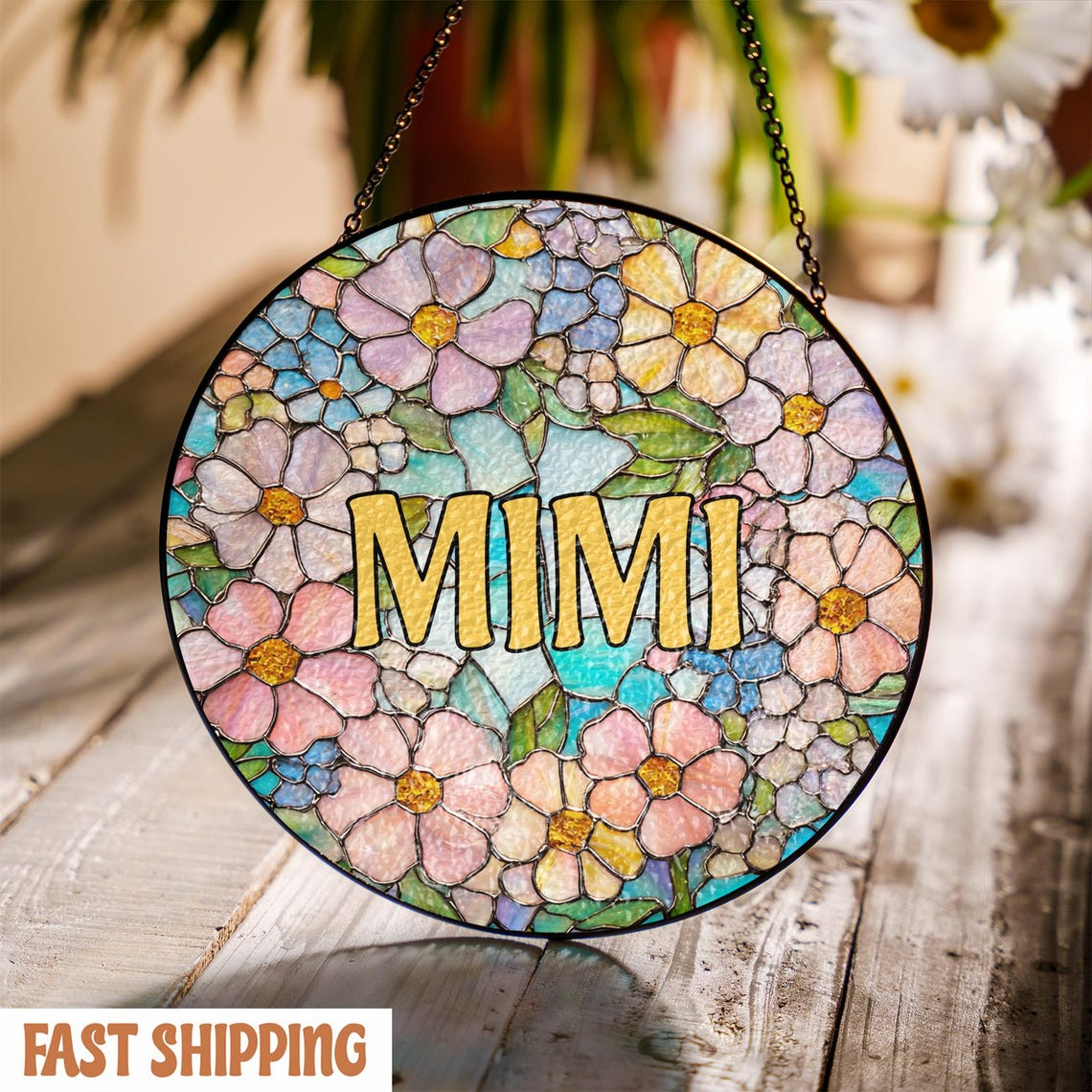 Personalized Floral Stained Glass Suncatcher for Grandma, Mimi Nana Flower Window Hanging, Grandmother Gift from Grandkids, Birthday Gift