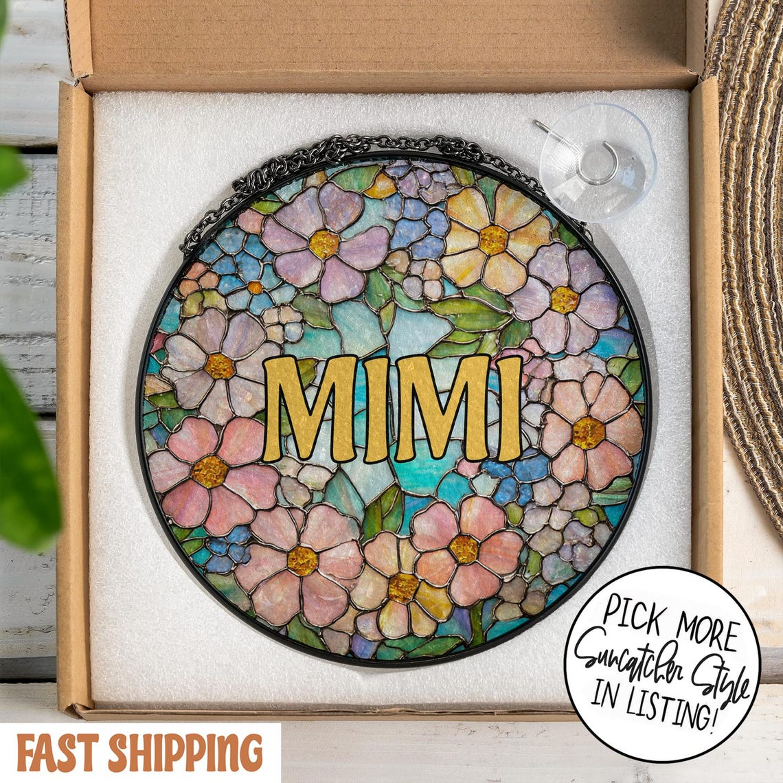 Personalized Floral Stained Glass Suncatcher for Grandma, Mimi Nana Flower Window Hanging, Grandmother Gift from Grandkids, Birthday Gift