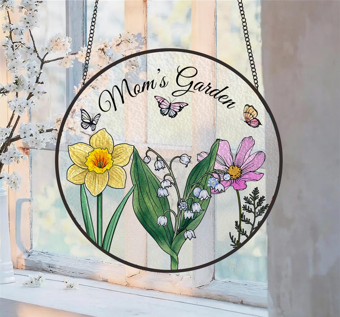 Custom Family Birth Flowers Glass Suncatcher, Mother's Day Gift, Grandma's Garden Decor, Flower Glass Art, Botanical Art, Nana's Blessings