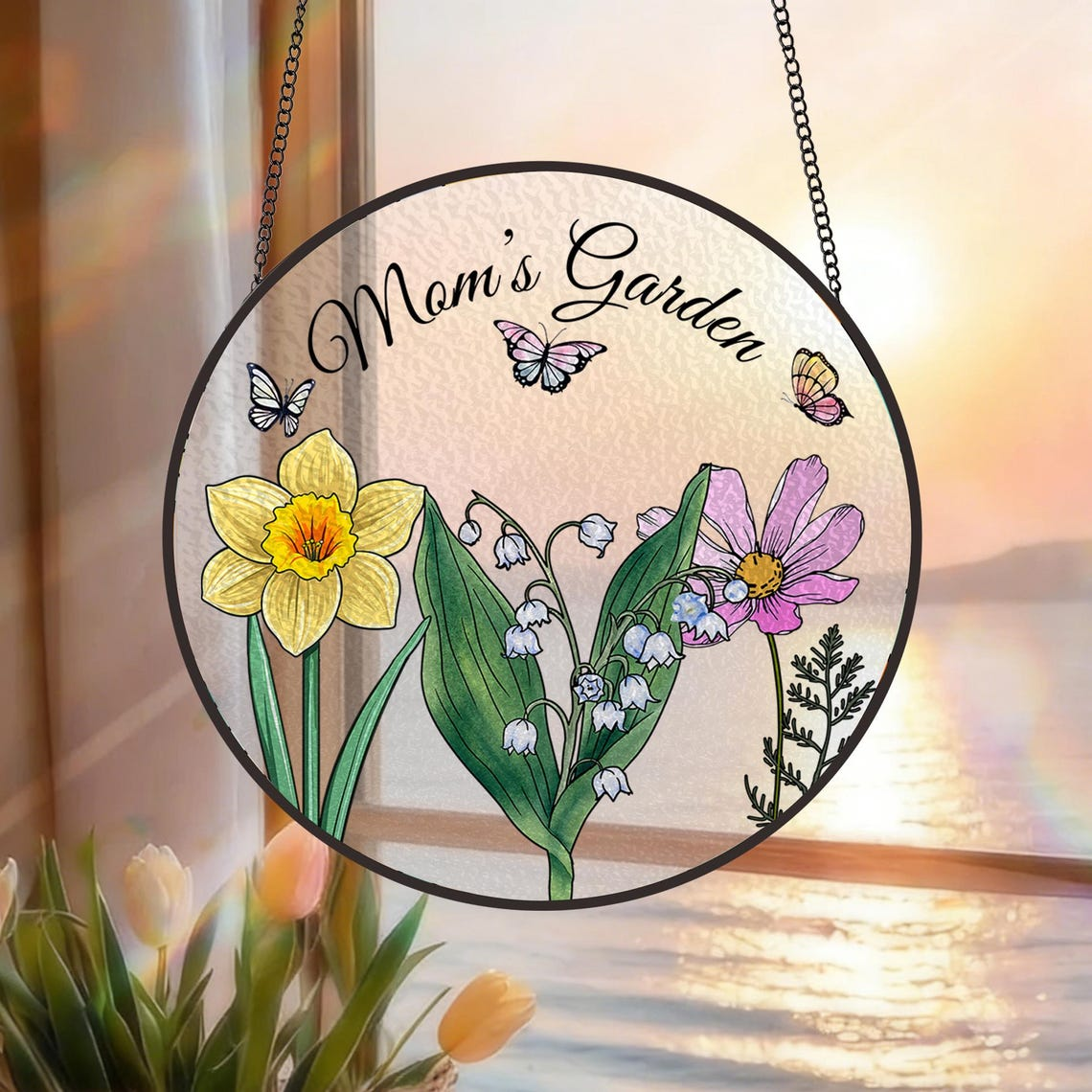 Custom Family Birth Flowers Glass Suncatcher, Mother's Day Gift, Grandma's Garden Decor, Flower Glass Art, Botanical Art, Nana's Blessings