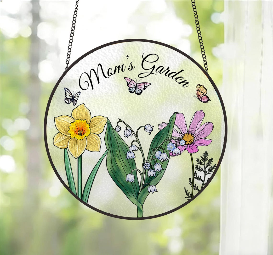 Custom Family Birth Flowers Glass Suncatcher, Mother's Day Gift, Grandma's Garden Decor, Flower Glass Art, Botanical Art, Nana's Blessings