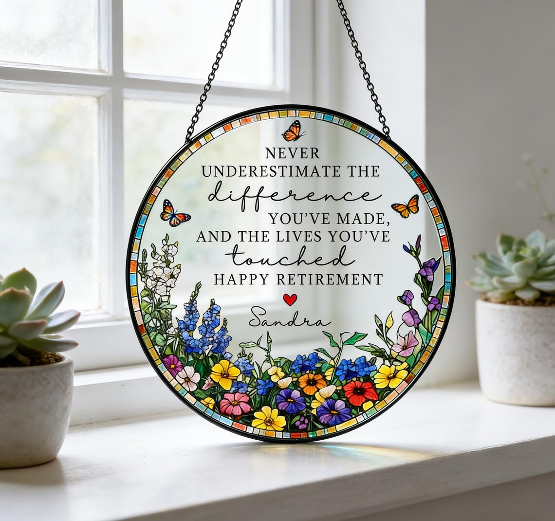 Stained Glass Retirement Suncatcher,Personalized Floral Window Decor,Colleague Retirement Keepsake,Mother's Day Gift,Gift For Grandma