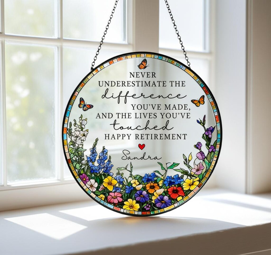 Stained Glass Retirement Suncatcher,Personalized Floral Window Decor,Colleague Retirement Keepsake,Mother's Day Gift,Gift For Grandma