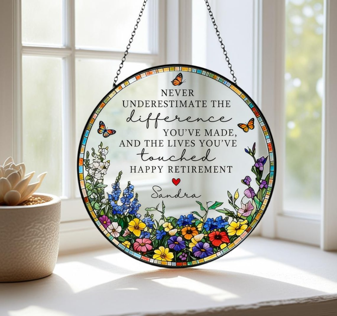 Stained Glass Retirement Suncatcher,Personalized Floral Window Decor,Colleague Retirement Keepsake,Mother's Day Gift,Gift For Grandma
