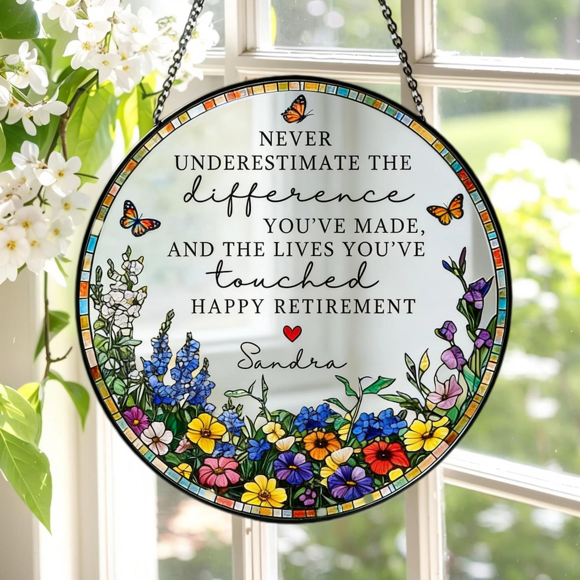 Stained Glass Retirement Suncatcher,Personalized Floral Window Decor,Colleague Retirement Keepsake,Mother's Day Gift,Gift For Grandma
