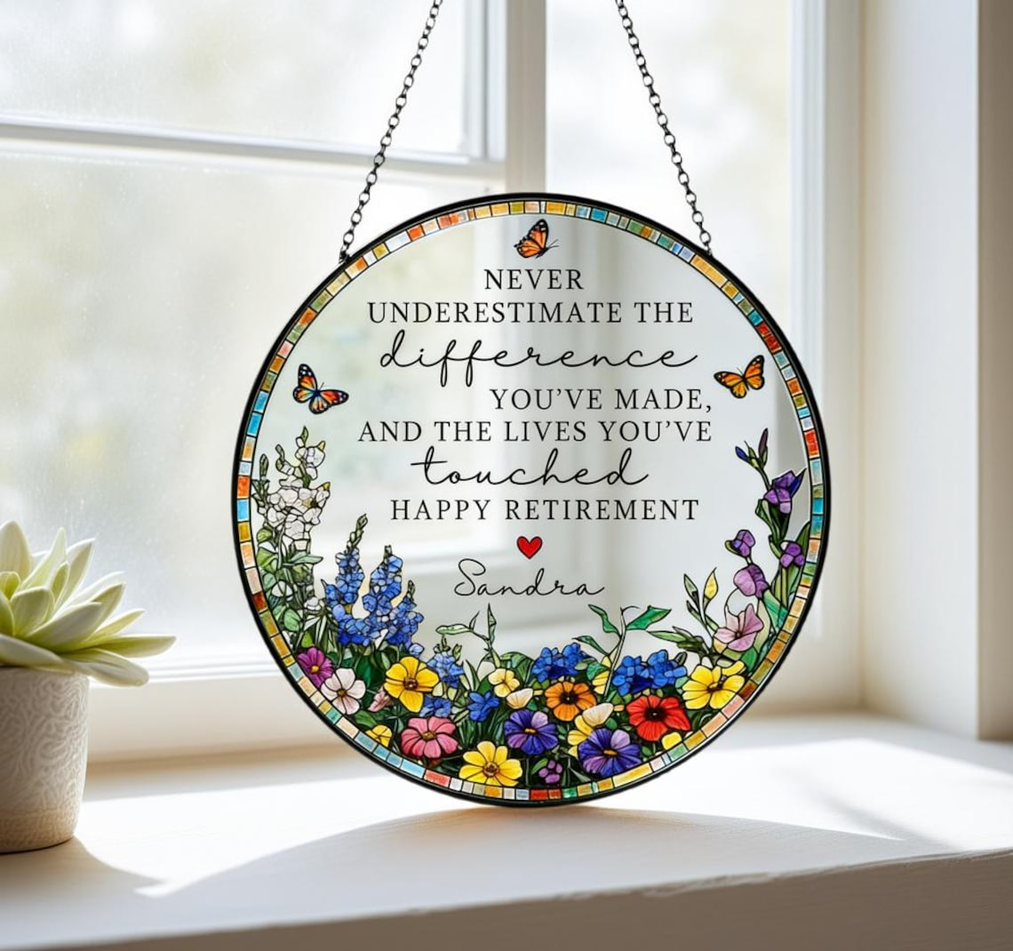 Stained Glass Retirement Suncatcher,Personalized Floral Window Decor,Colleague Retirement Keepsake,Mother's Day Gift,Gift For Grandma