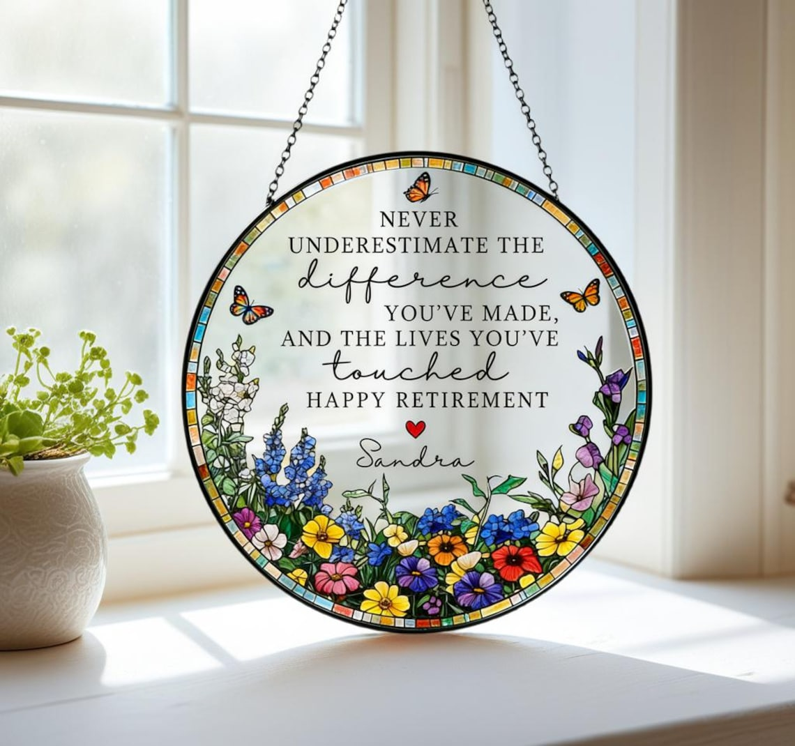 Stained Glass Retirement Suncatcher,Personalized Floral Window Decor,Colleague Retirement Keepsake,Mother's Day Gift,Gift For Grandma